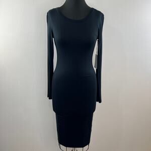 NWT Leith Black Stretch Jersey Long Sleeve Crew Neck Bodycon Midi Dress S NEW